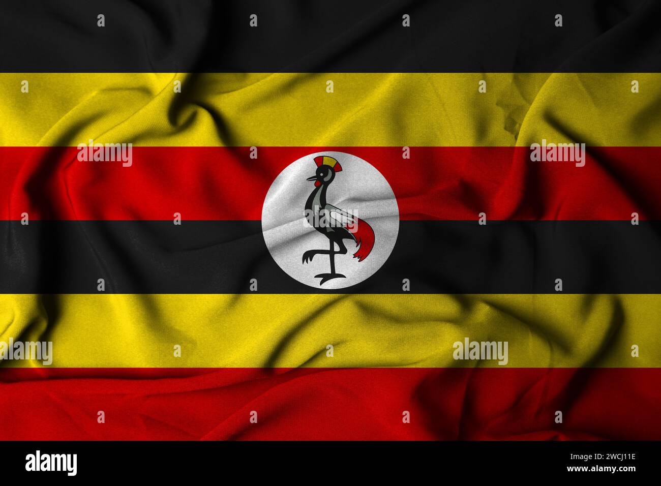 Focalisation sélective du drapeau ougandais, avec texture de tissu ondulant. illustrations 3d. Banque D'Images