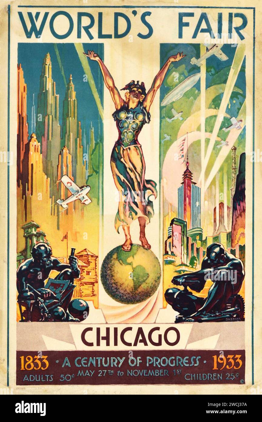 Affiche vintage pour l'exposition universelle Chicago 1833 Un siècle de progrès 1933 Banque D'Images