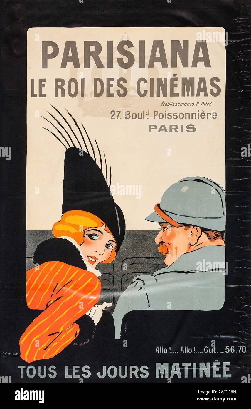 Parisiana le Roi des cinémas - le Roi des cinémas (Parisiana, 1914). Affiche publicitaire du cinéma français - un couple français au cinéma. Banque D'Images