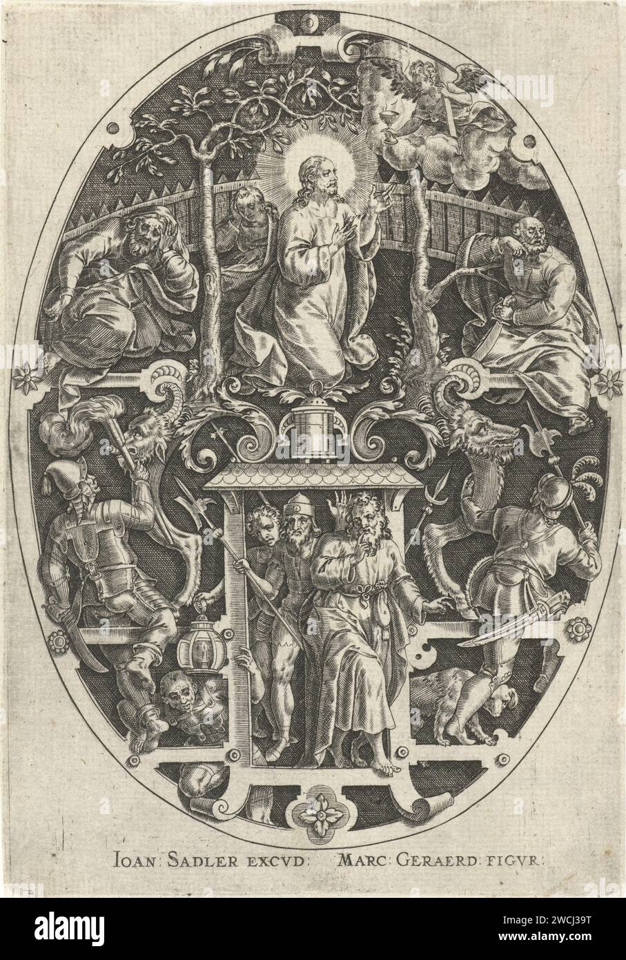 Christ dans le jardin de Getsémane, Johann Sadeler (I), d'après Marcus Gheeraerts (I), 1560 - 1600 imprimer le Christ priant et les apôtres endormis dans le jardin de Getsémane. Un ange vient le réconforter. En ovale debout avec ornement. Judas arrive avec les soldats Getsémane au premier plan. La deuxième impression d'une série de treize parties d'estampes d'ornement sur la passion du Christ. Gravure sur papier inconnue Gethsémani, Mont des oliviers, 'Oelberg' (Matthieu 26:36-56, Marc 14:32-52, Luc 22:39-53; Jean 18:1-12). ornements  art. Prière du Christ dans le jardin de Gethsémani pendant la nuit Banque D'Images
