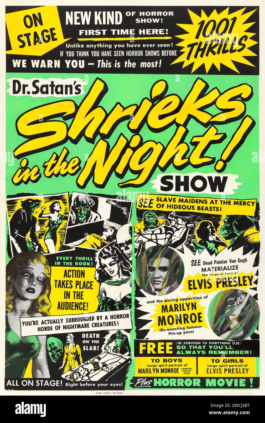 Spectacle d'horreur - les cris du Dr Satan dans la nuit! (Années 1960) feat Elvis Presley, Marilyn Monroe - films d'horreur montrant - 1001 sensations fortes Banque D'Images