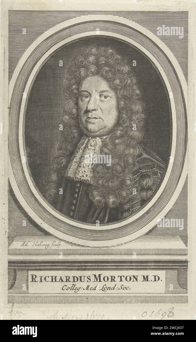 Portrait de Richard Morton, Adriaen Haelwegh, c. 1647 - c. 1696 impression Nord des pays-Bas gravure sur papier dentelle. styles de coiffure Banque D'Images
