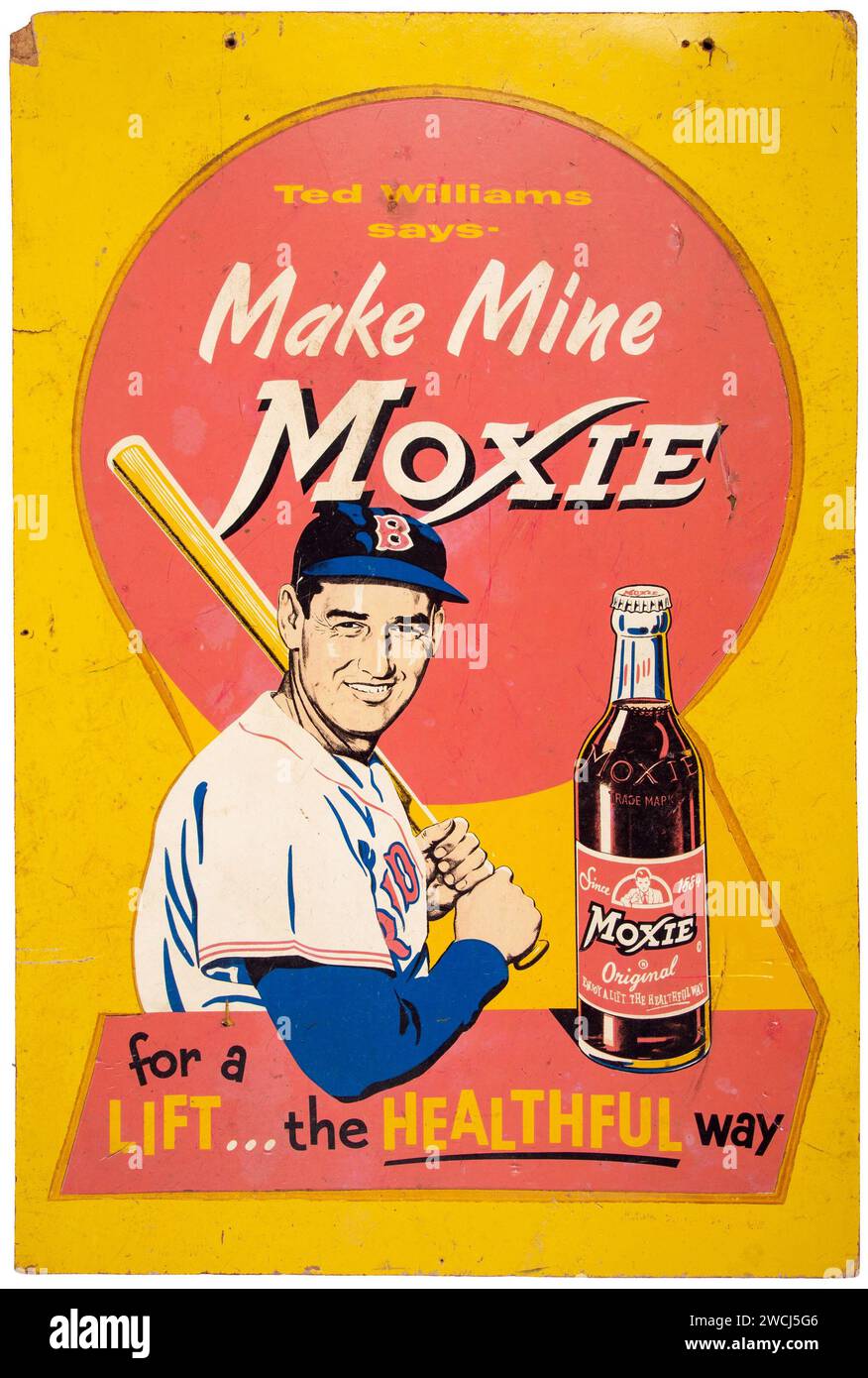 Publicité Moxie des années 1950 avec le joueur de baseball Ted Williams, Vintage Grand panneau publicitaire pour une boisson non alcoolisée - 'Make Mine Moxie'. Banque D'Images