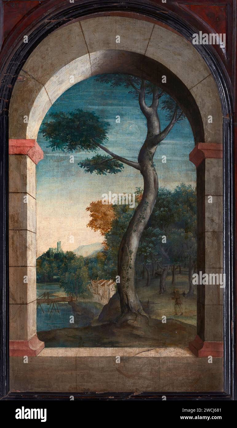 Paesaggio con ponte sul fiume - olio su tavola - Giovanni Francesco Caroto - metà del XVI secolo - Verona, chiesa di S. Maria in Organo Banque D'Images