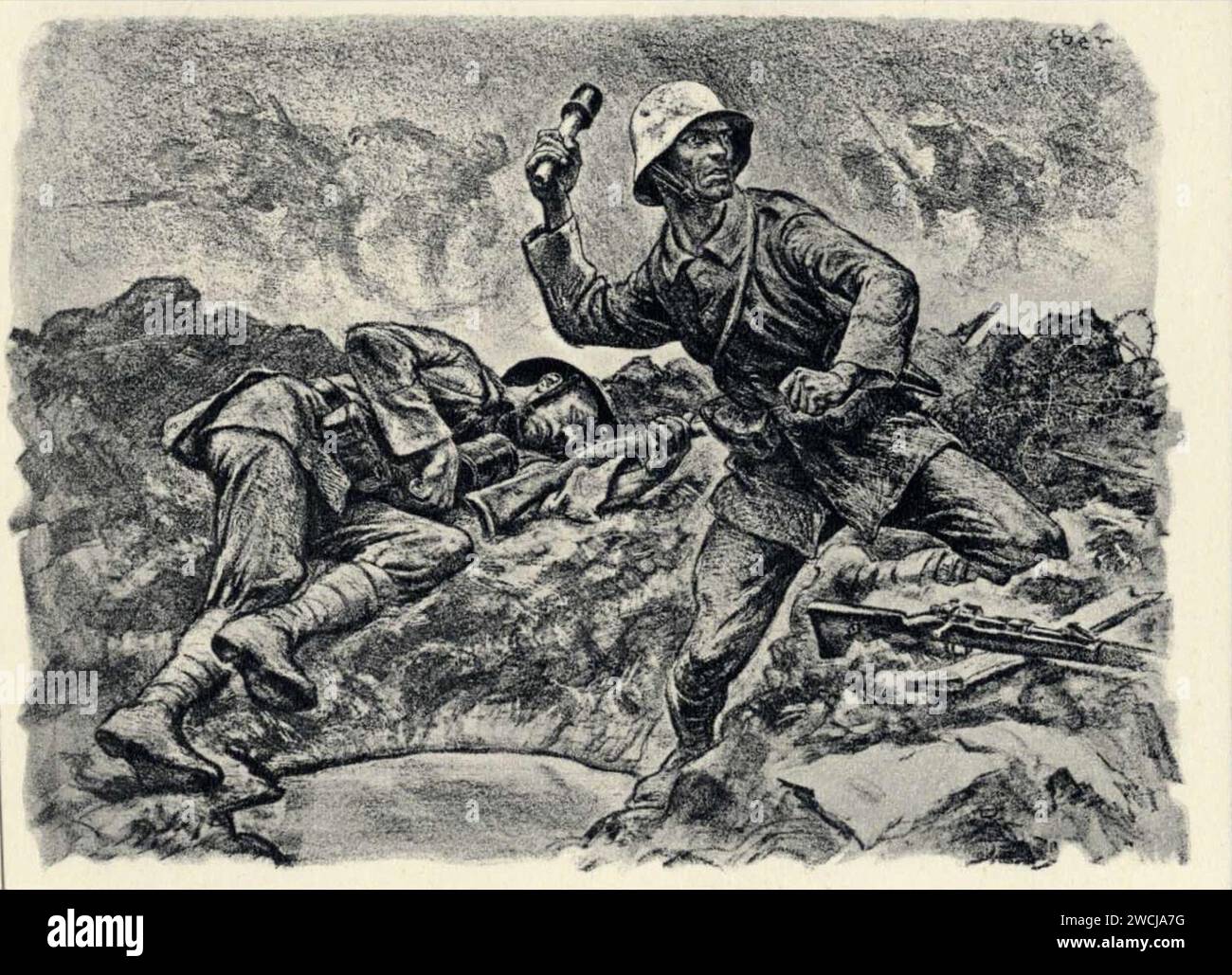 6 Künstler-Postkarten ''Frontbilder 1918'' nach Original-Litographe von Prof. Elk Eber München Köhler Druck propagande nazie carte postale WW1 soldats allemands combattent la guerre de tranchées Stahlhelm héros dessin Banque D'Images