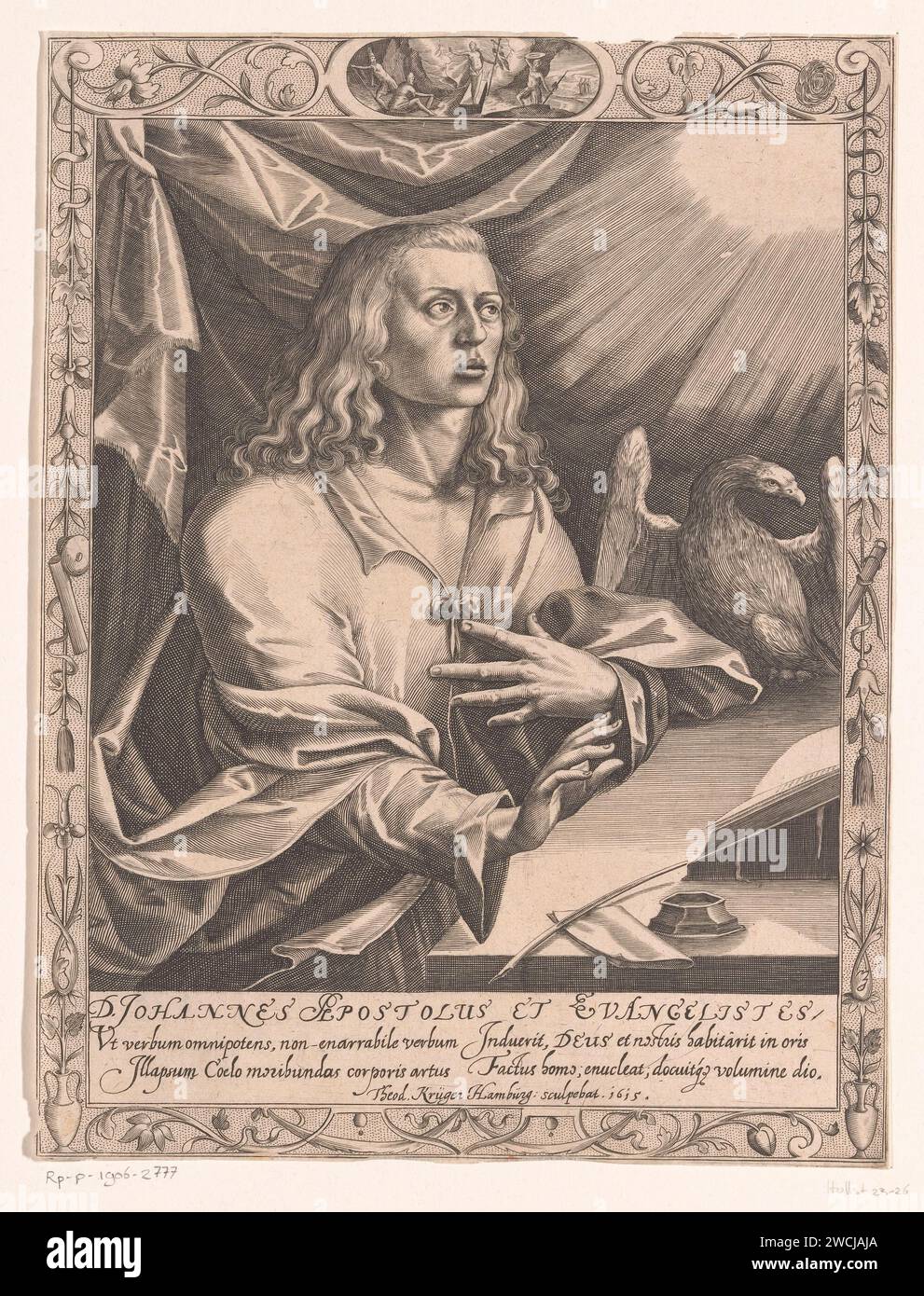 Johannes de Apostle en Evangelist, Dietrich Krüger, 1615 imprimer scène avec la résurrection du Christ processus dans le haut du cadre décoratif. Hamburg papier gravure l'apôtre Jean l'évangéliste ; attributs possibles : livre, chaudron, calice avec serpent, aigle, palm, défilement - portrait de saint mâle. Christ debout sur ou près de la tombe  événements après la Résurrection Banque D'Images