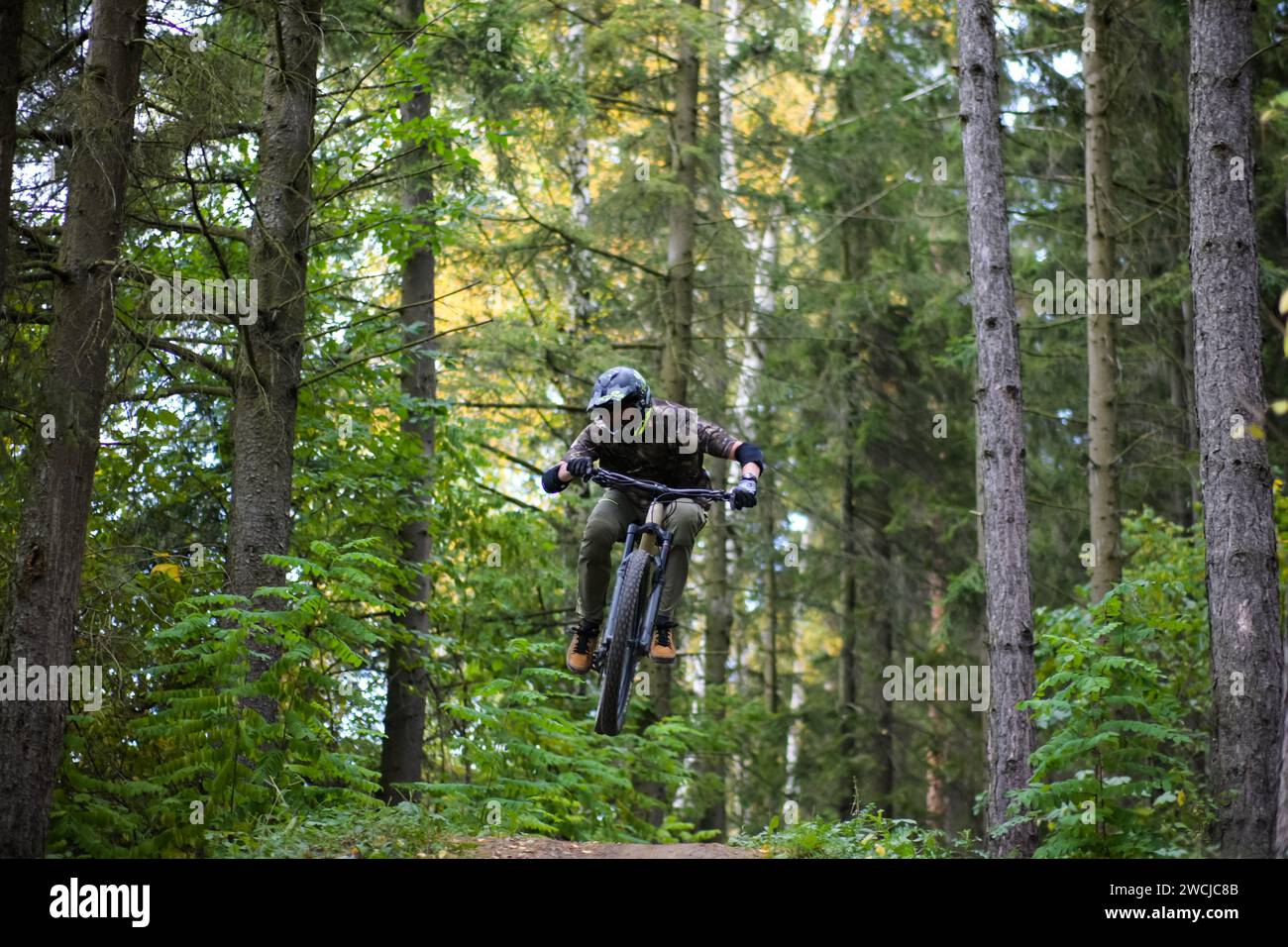 Athlète professionnel saut en hauteur sur un vélo de montagne dans la forêt, vue rapprochée. Banque D'Images