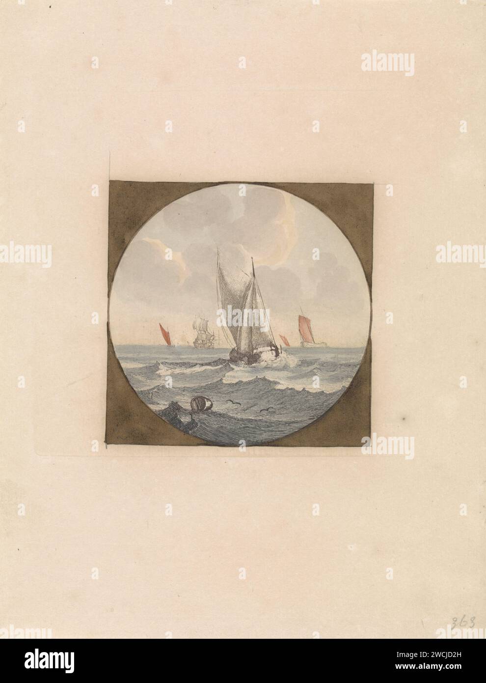 Fond plat avec des voiles blanches, anonyme, 1688 - 1750 imprimer Un fond plat avec des voiles blanches en mer. Au premier plan, une tonne. Quatre voiliers à l'horizon. Bateau à voile de gravure de papier néerlandais, bateau à voile. mer (paysage marin) Banque D'Images