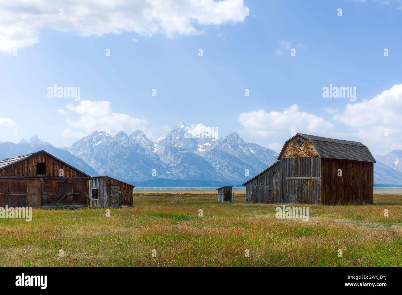 Vieilles granges à bois abandonnées entourées de prairies et de montagnes de Grand Teton à l'horizon sous un ciel bleu près de Jackson, Wyoming, États-Unis. Banque D'Images