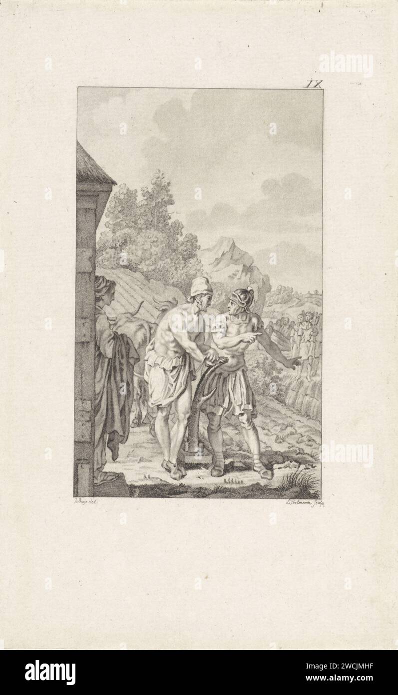 Lucius Quinctius GEVRAAGD ALS dictateur, Ludwig Gottlieb Portman, après James Buys, 1793 imprimer le général romain Lucius Quinctius Cincinnatus est nommé dictateur. Un soldat lui laisse choisir entre l'épée et une équipe. Finalement, il gagne la guerre avec les Aequi après seize jours, pour immédiatement labourer ses champs à nouveau. Utrecht papier gravure Lucius Quinctius Cincinnatus est appelé de la charrue à la dictature de Rome ; une ambassade romaine lui offre une épée ou une matraque Banque D'Images