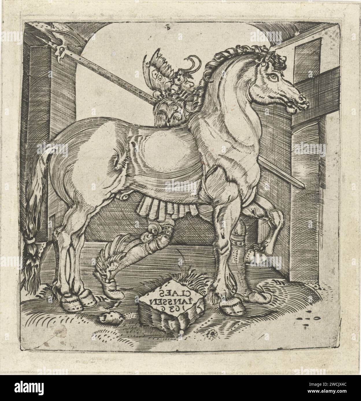 Chevalier et Cheval, Claes Janssen, d'après Albrecht Dürer, 1636 copie en image miroir à imprimer 'Het Kleine Paard' par Albrecht Dürer. gravure de papier / gravure chevalier. cheval Banque D'Images