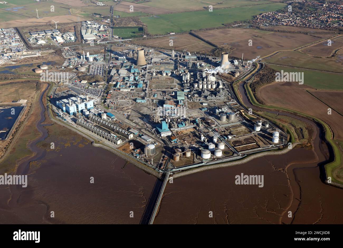 Vue aérienne de Saltend Chemicals Park, y compris Mitsubishi Chemicals, Vivergo Fuels, Casper Shipping et Air Products Hull, près de Hedon, East Yorkshire Banque D'Images