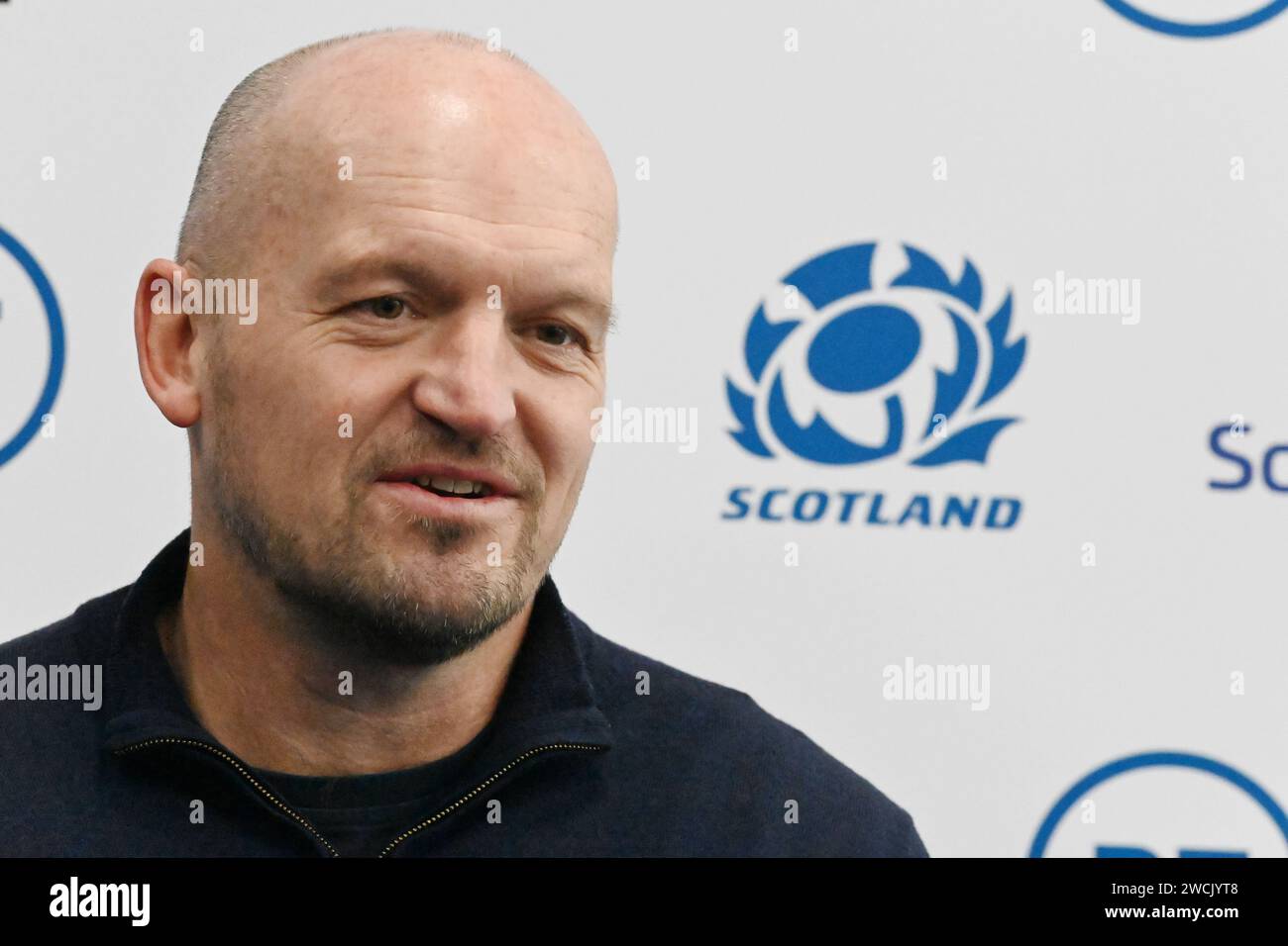 Scottish Gas Murrayfield .Édimbourg.Écosse, Royaume-Uni. 16 janvier 2024. L'entraîneur-chef écossais Gregor Townsend nomme son équipe pour le tournoi Guinness 6 Nations 2024 à venir. Crédit : eric mccowat/Alamy Live News Banque D'Images