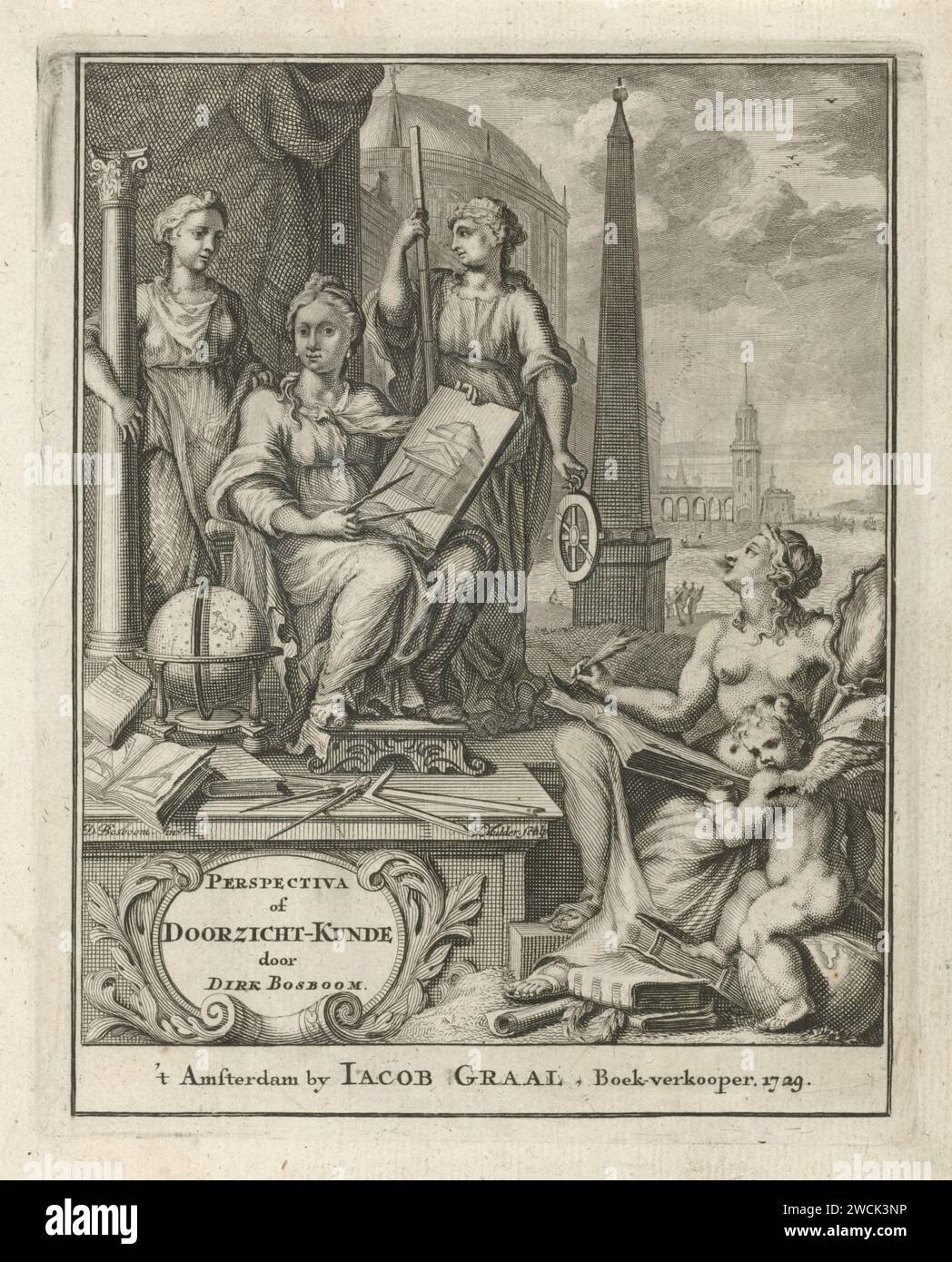 Allégorie sur l'architecture, Joseph Mulder, après Dirck Bosboom, 1729 impressions personnifications de l'architecture sont rassemblées sur une augmentation. À gauche une femme debout avec une colonne dans le bras, au milieu une femme assise avec un passant, qui montre le dessin d'un bâtiment, et à droite la géométrie avec une règle et un instrument de mesure optique. Avant droite, la prudence (ou aussi la sagesse), avec miroir et serpent, écrit dans son livre. Amor tient le pot d'encre. Dans les bâtiments d'arrière-plan. Amsterdam papier gravure / gravure 'Architectura', représentations symboliques, allégories et emblèmes  A. Banque D'Images