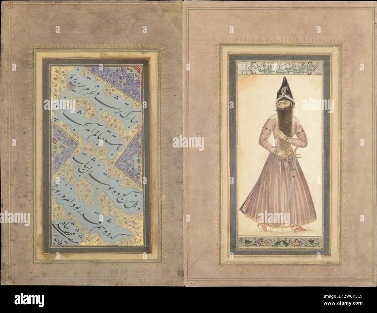 Une peinture de Fath-Ali Shah Qajar, avec calligraphie qui lui est attribuée, Iran, 19e siècle. Banque D'Images