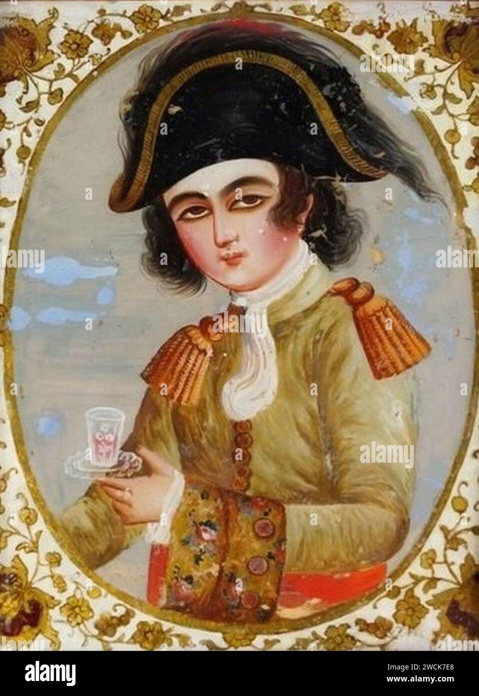 Une peinture sur verre inversé Qajar d'un jeune prince, Iran, 19e siècle. Banque D'Images