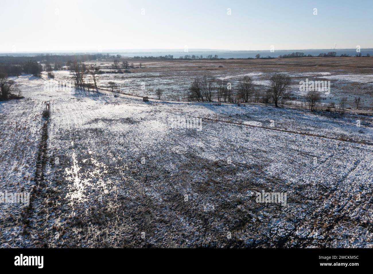 Champs, prairies et pâturages couverts de neige en hiver en Pologne. Paysage rural d'hiver. Banque D'Images