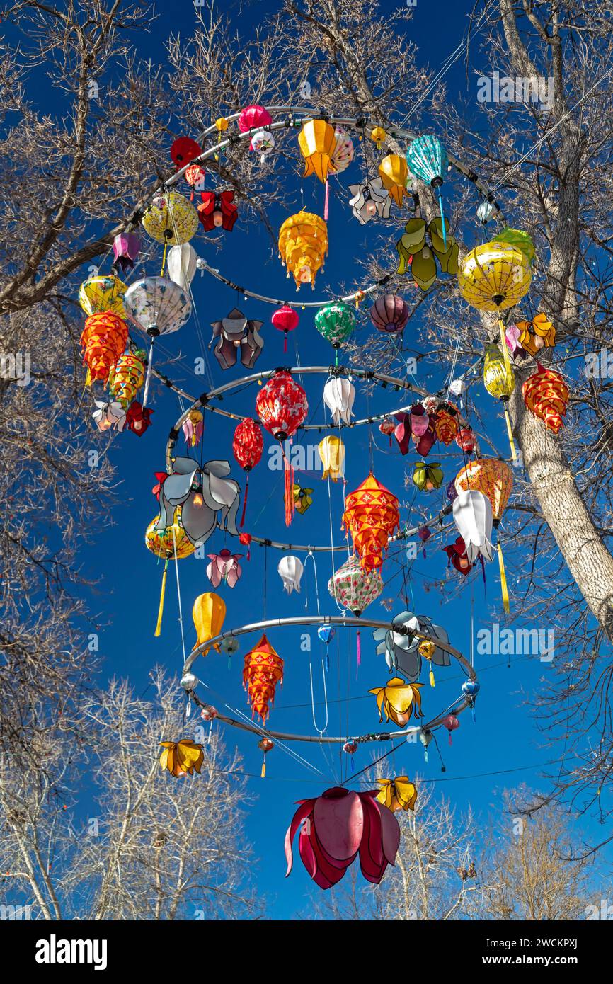 Denver, Colorado - une lanterne élaborée est suspendue dans les arbres du zoo de Denver. Banque D'Images