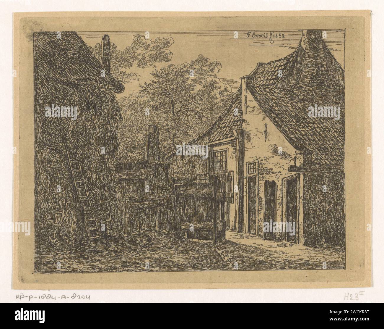 Ferme avec botte de foin, Gerardus Emaus de Micault, 1852 imprimer pays-Bas papier gravure ferme ou maison solitaire dans le paysage Banque D'Images