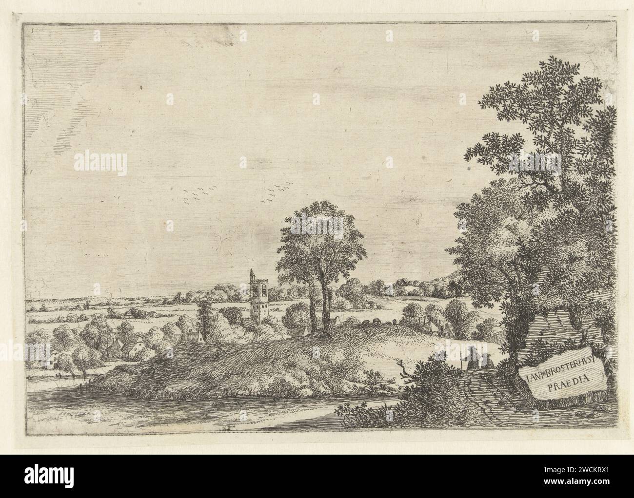 Paysage avec deux hommes sur une route sablonneuse et une vue sur un village, Jan van Brosterhuyzen, 1610 - 1650 imprimer pays-Bas papier gravure perspective de village, silhouette de village Banque D'Images