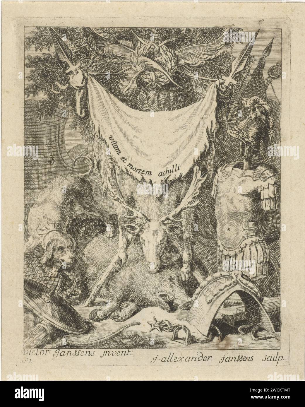 Tirage titre d'une série de scènes de la vie d'Achille, J. Alexander Janssens, d'après Victor Honoré Janssens, c. 1700 impression au premier plan des armoiries, de la selle et de l'armure d'Achille, avec chien, sanglier et cerf. Un tissu avec le titre de la série pend entre deux lances. Au-dessus de cela, sur un arbre, pend une couronne avec des branches de palmier. En bas à gauche : n.1. Premier tirage d'une série de quatorze avec des scènes de la vie d'Achille. Sud des pays-Bas gravure sur papier / gravure (histoire de) Achilles - attributs Banque D'Images