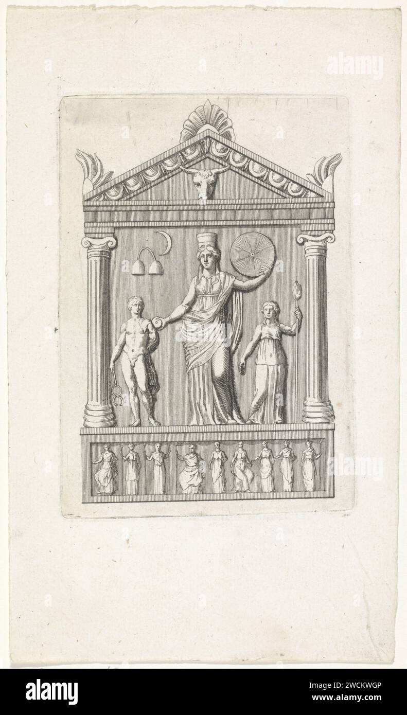 Autel pour Cybèle, Anonyme, 1800 - 1900 imprimer pierre d'autel avec la déesse Cybèle au milieu. À gauche, le Dieu Mercure. A droite une déesse. Au bas d'un frison avec des figures féminines. Gravure sur papier (histoire de) Cybèle, Rhea Cybèle, Grande mère des Dieux (Berecynt(h)ia). (Histoire de) Mercure (Hermès) Banque D'Images