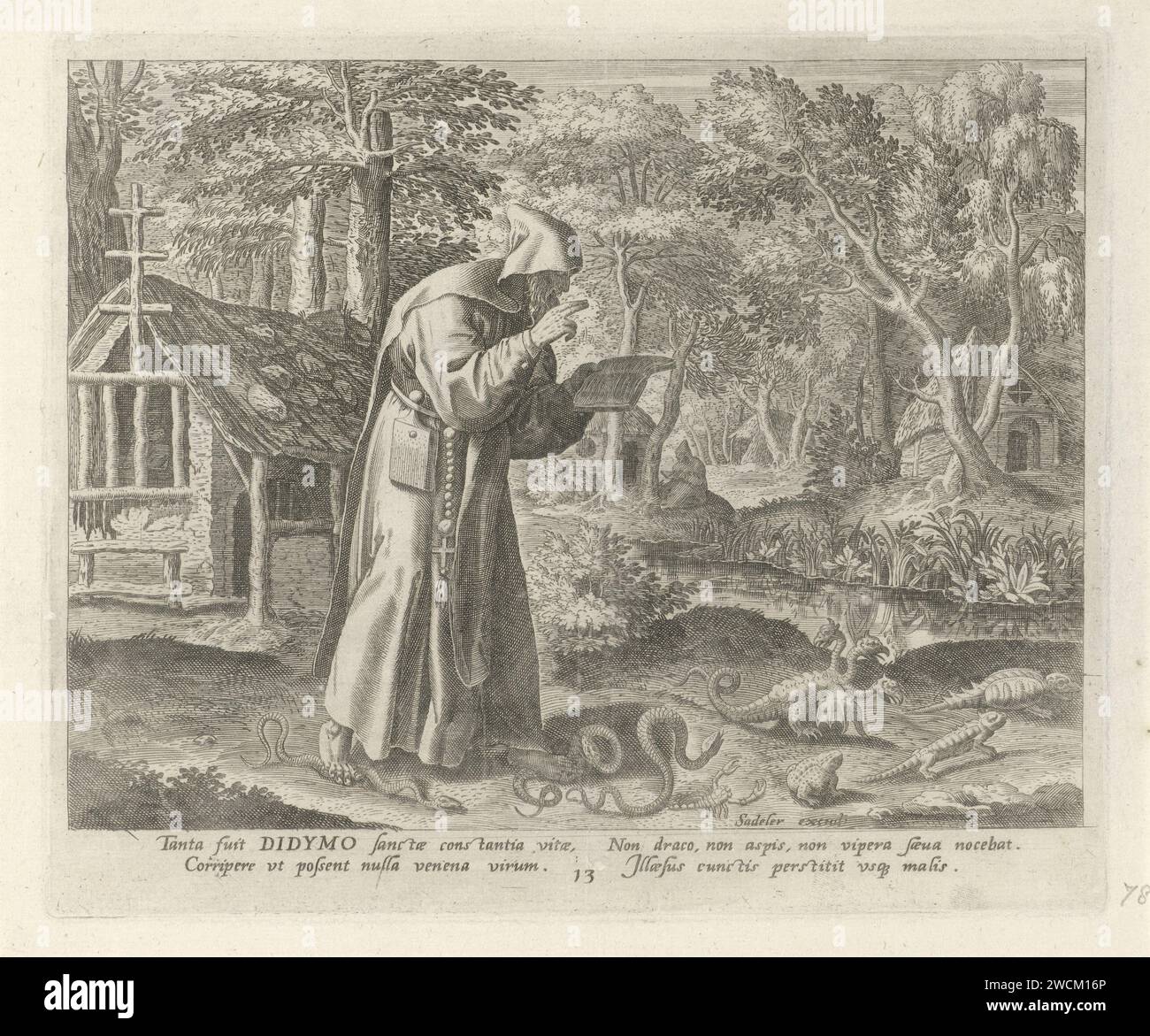 Didymus van Nitria comme recluse, Johann Sadeler (I), d'après Maerten de vos, 1583 - 1588 imprimer H. Didymus de Nitria comme recluse. Il lit la Bible en marchant. Serpents et autres animaux malins (crapauds, scorpions et reptiles) rampent autour de lui sur le sol. Anvers gravure sur papier de saints mâles (avec NOM). anchorite, ermite Banque D'Images