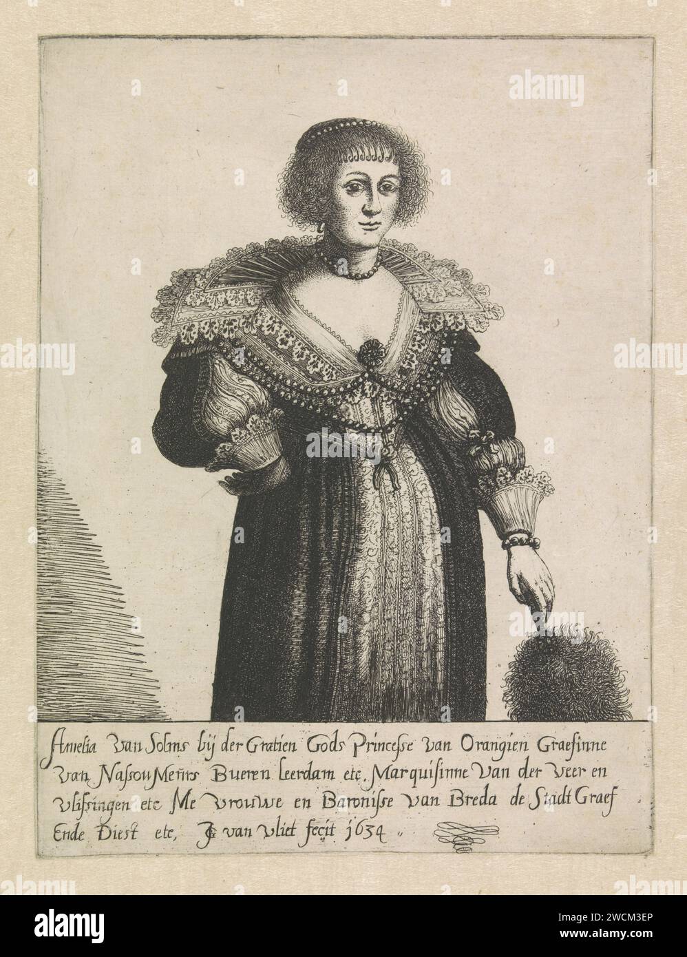 Portrait d'Amalia van Solms, Jan Gillisz. Van Vliet, 1634 impression Portrait d'Amalia avec un éventail dans sa main gauche. Quatre lignes de texte néerlandais dans la marge inférieure. Gravure de papier pays bas Banque D'Images