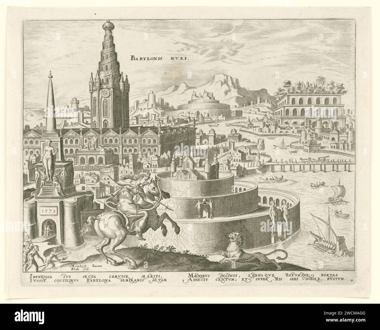 Murs de Babylone, Philips Galle, d'après Maarten van Heemskerck, 1572 impriment les murs de Babylone, construits en cercles. A l'arrière à gauche un grand bâtiment avec tour. Au premier plan la reine Semiramis comme une Amazonie à cheval. Armée de flèche et d'arc, elle se bat avec un lion. En arrière-plan les jardins suspendus de Babylone : une œuvre d'art botanique et architecturale L'estampe a une légende latine et fait partie d'une série sur les huit merveilles du monde. IMPRIMEUR : ADEREPERPERTRESS Design PAR : loudlemhal gravure sur papier des jardins suspendus de Semiramis à Babylone (merveille du monde). Semira Banque D'Images