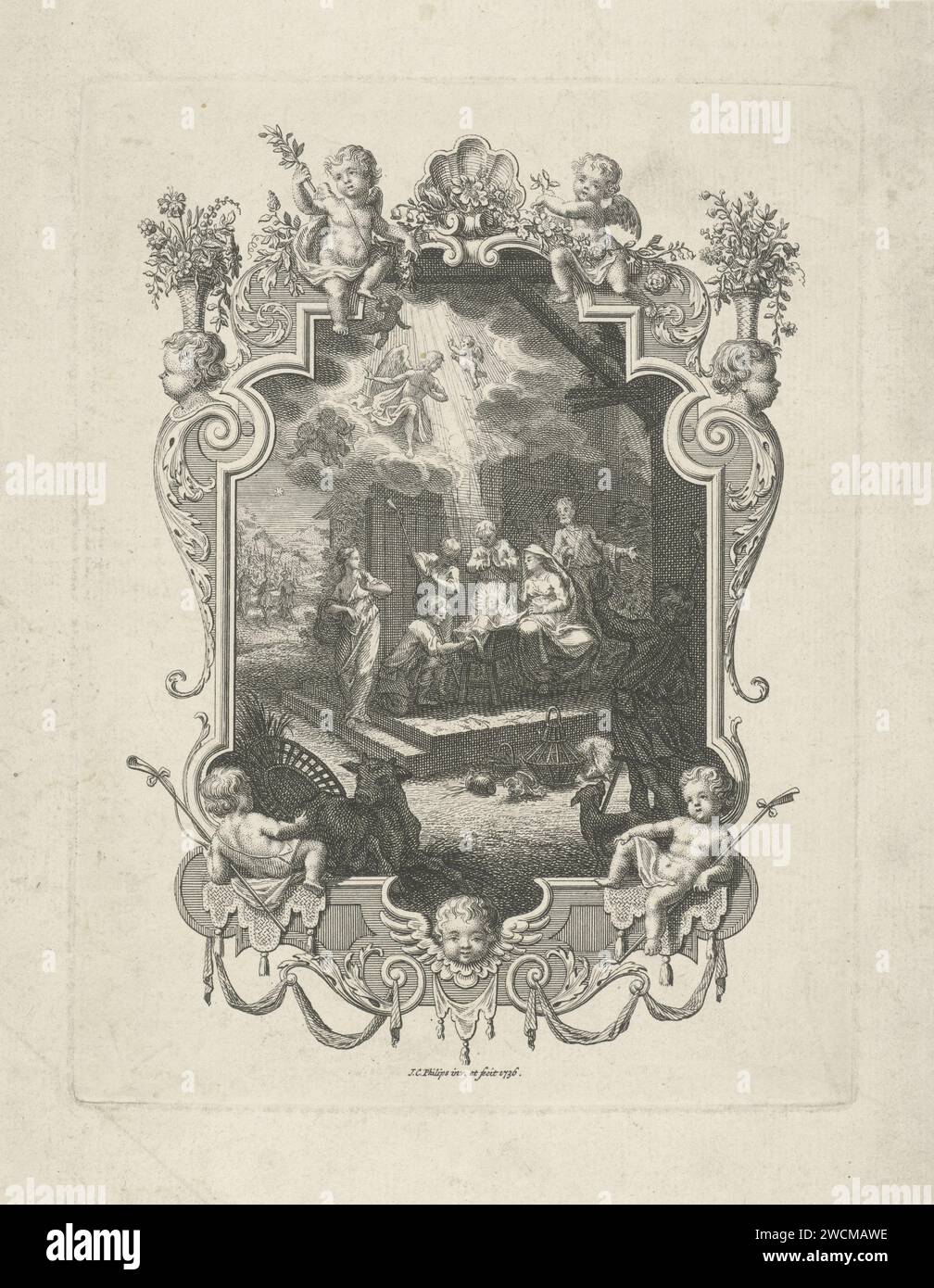 Cartouche avec le culte par les bergers, Jan Caspar Philips, 1736 imprimer la naissance du Christ dans l'écurie. Les RADS du ciel décrivent l'enfant. Les bergers s'agenouillent dans le culte. Laissèrent en arrière-plan les rois en route pour Bethléem. Amsterdam papier gravure / gravure adoration du Christ-enfant par les bergers ; Marie et Joseph présents. L'étoile apparaît à nouveau et guide les trois Sages à Bethléem Banque D'Images