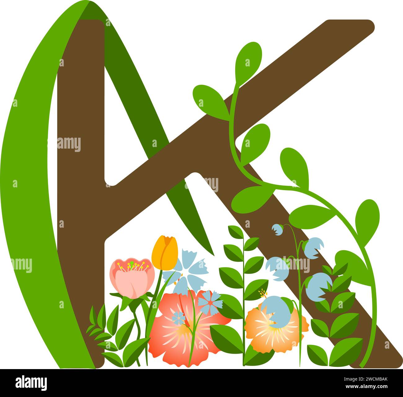Monogramme isolé de fleurs sauvages avec la lettre majuscule K conçu sur fond transparent pour les cartes de voeux et invitations de mariage Illustration de Vecteur