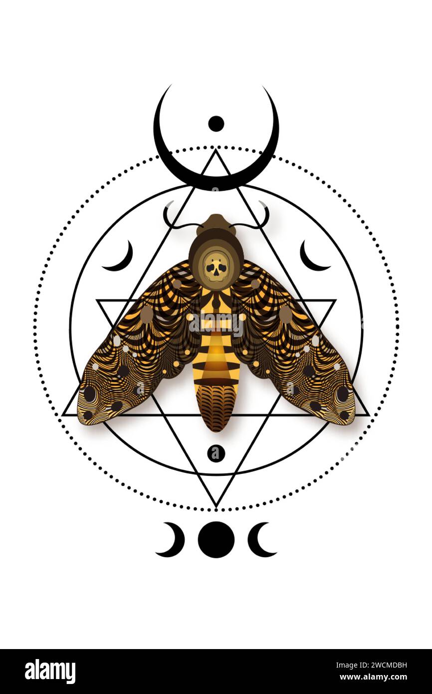 Mite de tête de mort mystique dans des couleurs brun foncé. Lune Cresent et triple déesse wiccan, papillon avec un crâne. Géométrie sacrée. Alchimie, logo magique Illustration de Vecteur