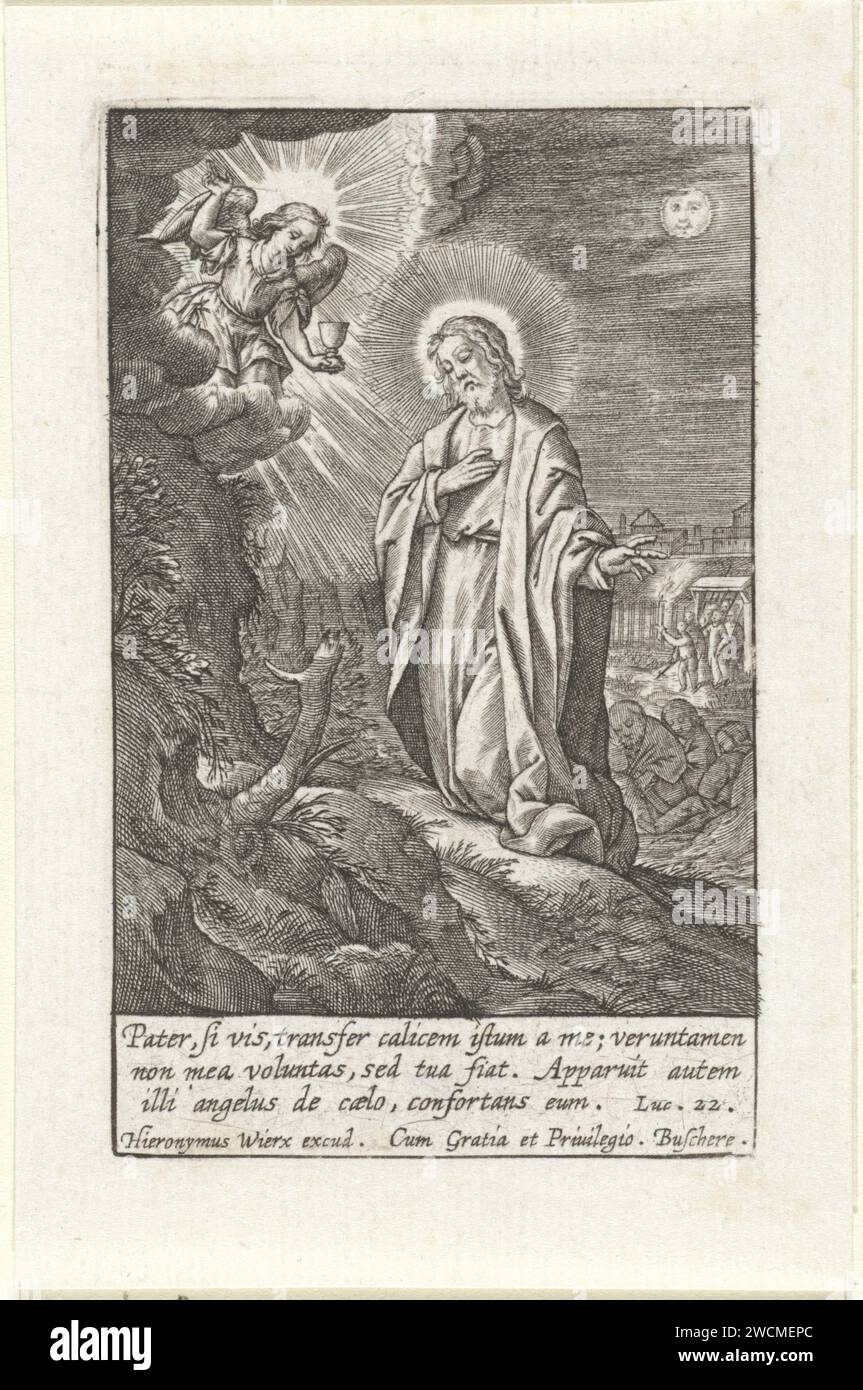 Christ à la cour de Getsémane, Hieronymus Wierix, 1563 - avant 1619 imprimer Christ prie à la cour de Getsémane. Un ange avec un calice apparaît du ciel. Ses élèves dorment en arrière-plan. Judas entre dans le jardin par la porte et les soldats pointent l'endroit où Christ prie. Dans la marge, une citation de Luc à trois-fit de la Bible. 22 en latin. Papier anversois gravant la prière du Christ dans le jardin de Gethsémani pendant la nuit Banque D'Images