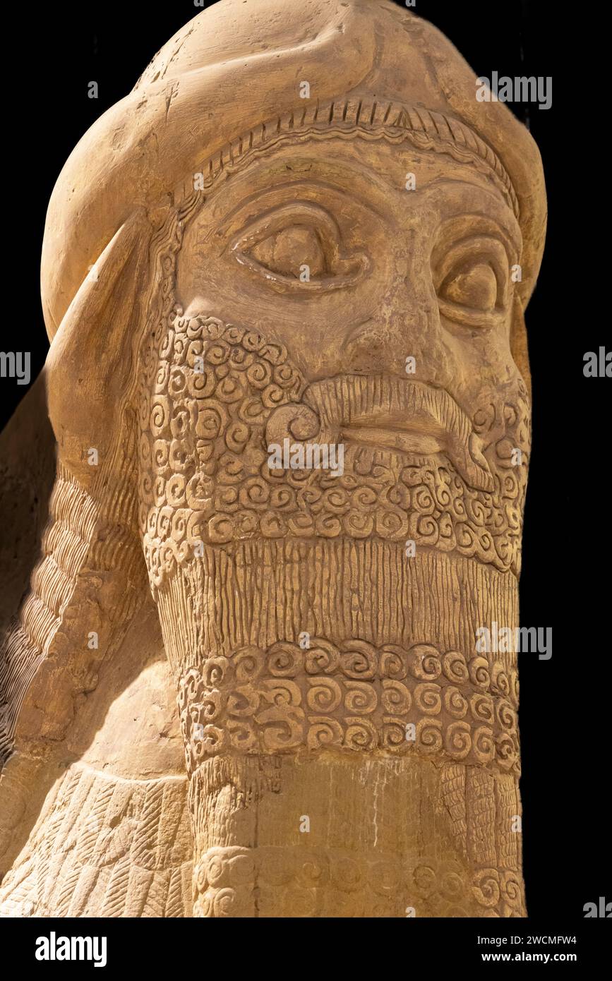 Détail de la tête du lamassu assyrien (taureau ailé à tête humaine), palais de dur-Sharrukin, Khorsabad, Irak, maintenant dans le musée de l'Irak, Bagdad, Irak Banque D'Images