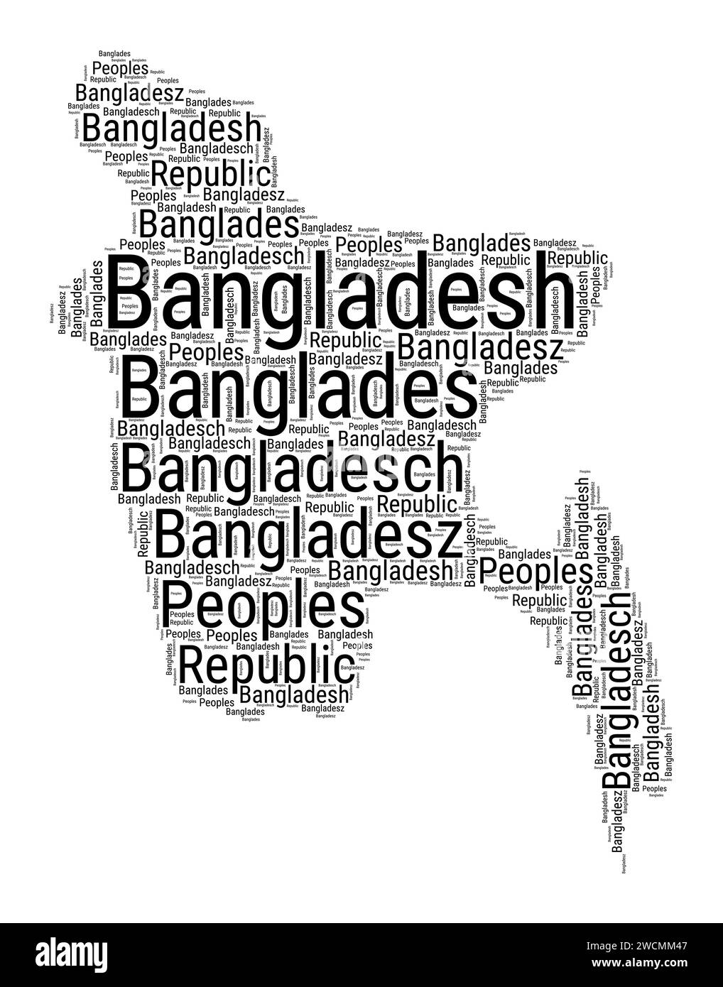 Nuage de mot noir et blanc en forme de Bangladesh. Illustration de pays de style typographique simple. Nuage de texte noir Bangladesh simple sur fond blanc. V Illustration de Vecteur