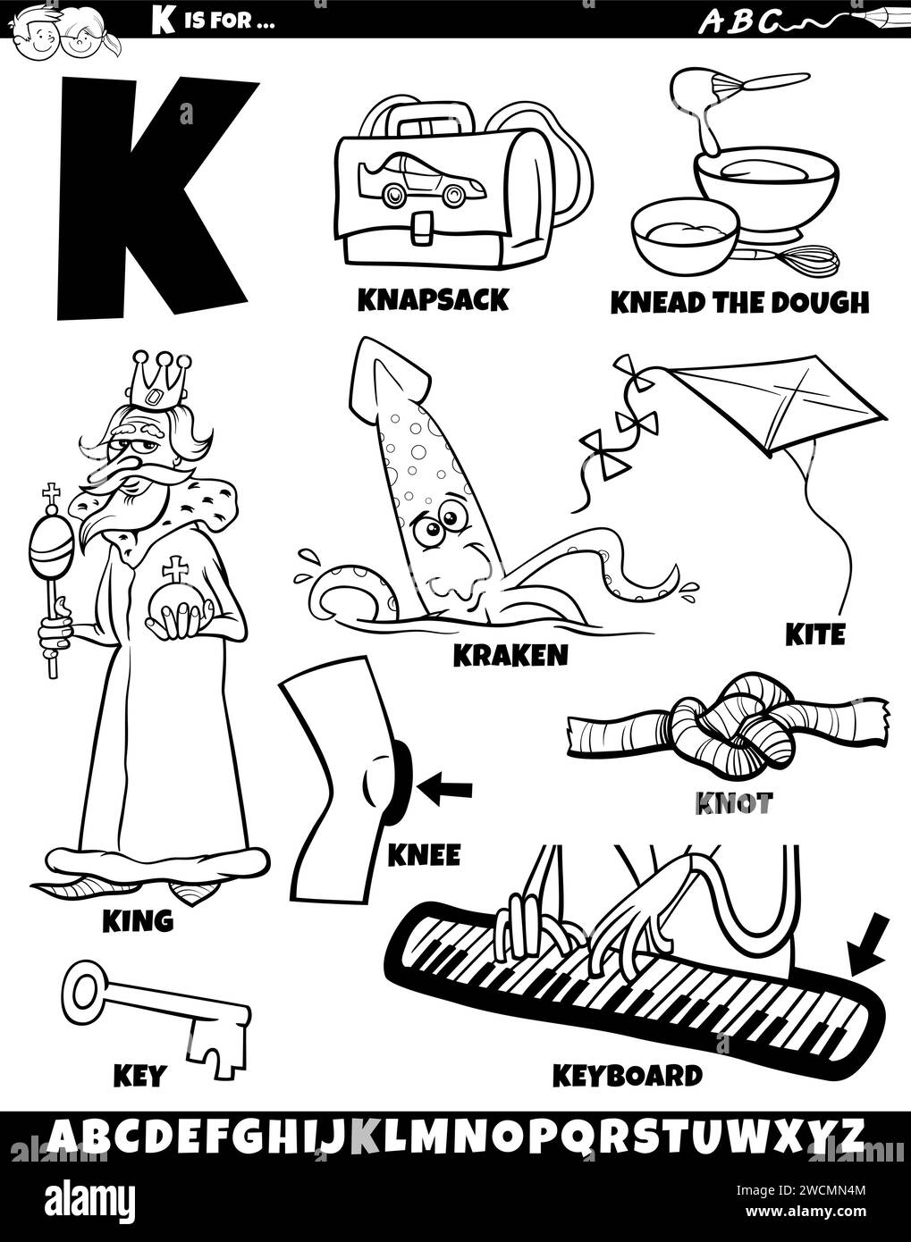 Illustration de dessin animé d'objets et de caractères définis pour la lettre K coloriage page Illustration de Vecteur