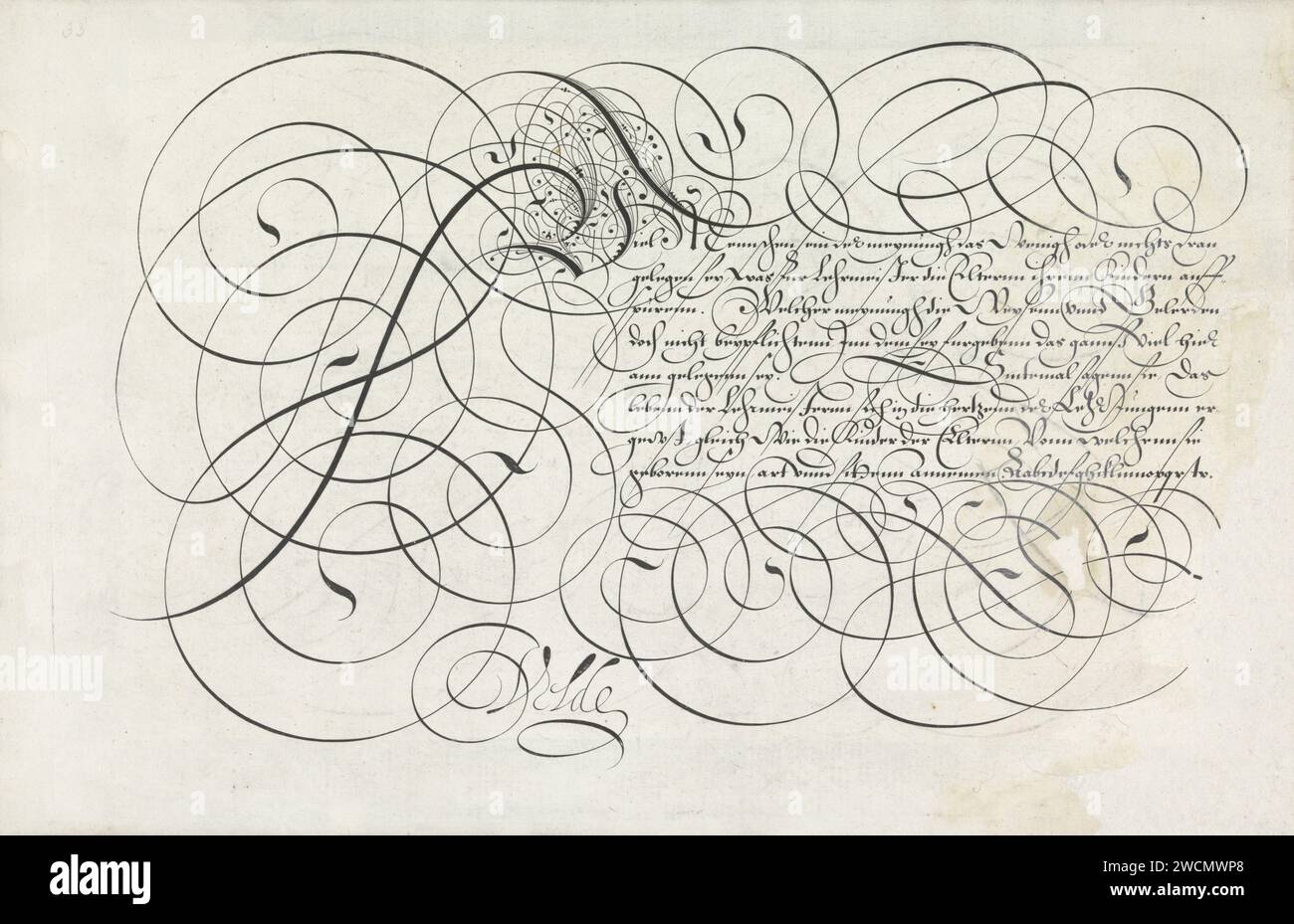 Exemple d'écriture : Fell people (...), 1605 print exemple d'écriture avec un V initial orné et huit lignes de texte en allemand : Fell people ... en bas d'un alphabet de cabinet inférieur dans la main en question. Le texte est encadré par curl. L'impression fait partie d'un album. Imprimeur : Haarlemafter design by : Rotterdam papier gravure calligraphie Banque D'Images
