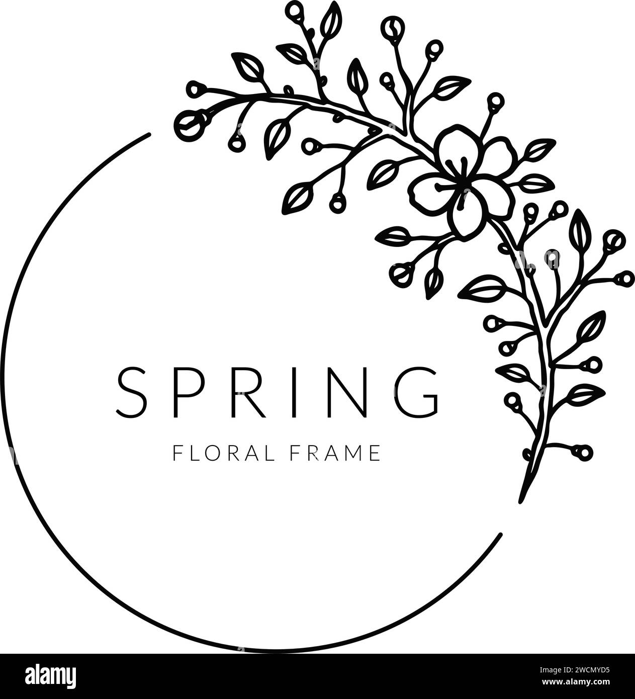 Cadre floral circulaire avec cerise dessinée à la main, amande, sakura, pomme, fleurs de prune. Couronne botanique dessinée à la main. Modèle de logo linéaire simple. Vintage weddin Illustration de Vecteur Cadre floral circulaire avec cerise dessinée à la main, amande, sakura, pomme, fleurs de prune. Couronne botanique dessinée à la main. Modèle de logo linéaire simple. Vintage weddin Illustration de Vecteur