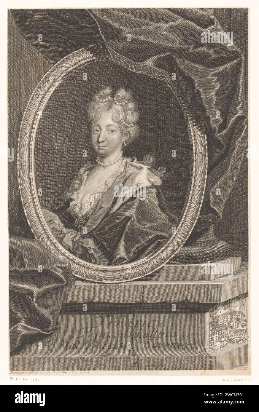 Friederike von Sachsen-Gotha-Altenburg, voress van Anhalt-Zerbst, Martin Bernigeroth, 1707-1733 print Leipzig papier gravure / gravure personnages historiques - BB - femme. roulement armorial, héraldique Banque D'Images