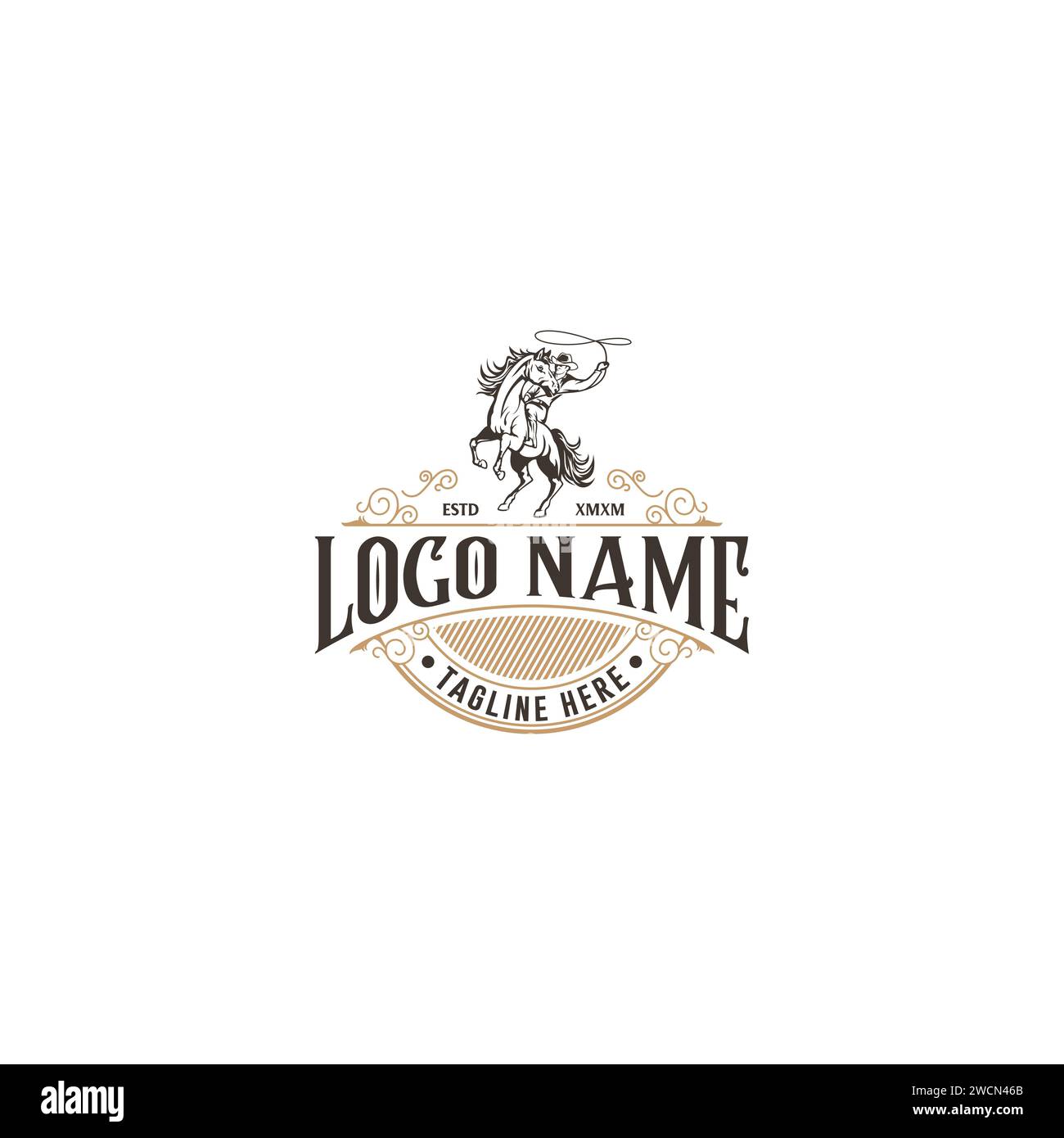 Vintage rétro texas rodeo cow-boy équitation cheval modèle de conception de logo monochrome Illustration de Vecteur
