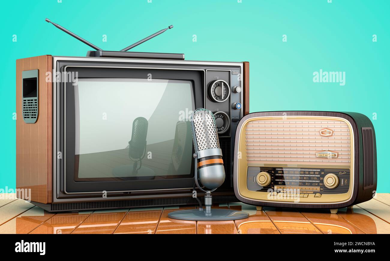 Téléviseur rétro, récepteur radio et microphone. Concept de diffusion sur le bureau en bois. Rendu 3D. Banque D'Images Téléviseur rétro, récepteur radio et microphone. Concept de diffusion sur le bureau en bois. Rendu 3D. Banque D'Images
