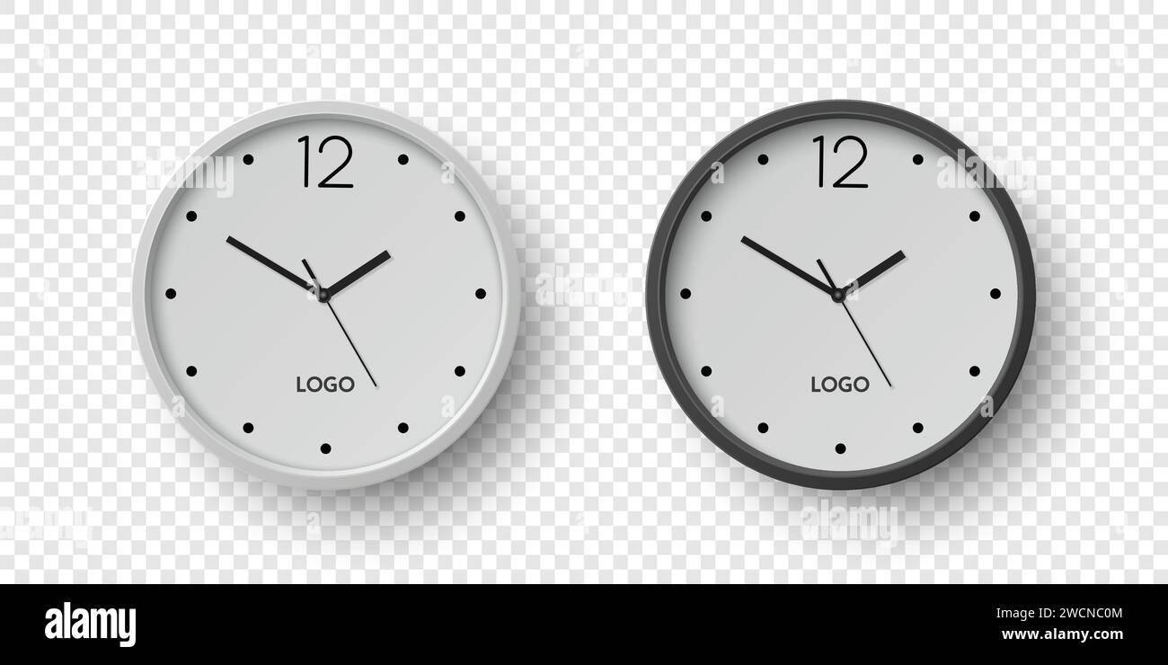 Vector 3d horloge de bureau murale ronde avec cadran d'horloge blanc, noir gros plan isolé. Montres, modèle de conception, maquette pour la marque, Publicité. Vecteur Illustration de Vecteur