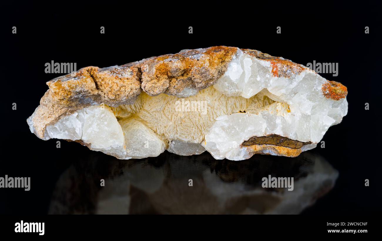 Gros plan une aragonite en pierre minérale sur fond noir avec réflexion. Carbonate de calcium. Beau morceau de calcaire jaune blanc orange à collectionner. Banque D'Images