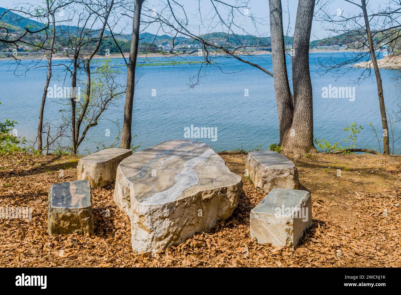 Table de pique-nique en marbre au parc rural au bord du lac Banque D'Images