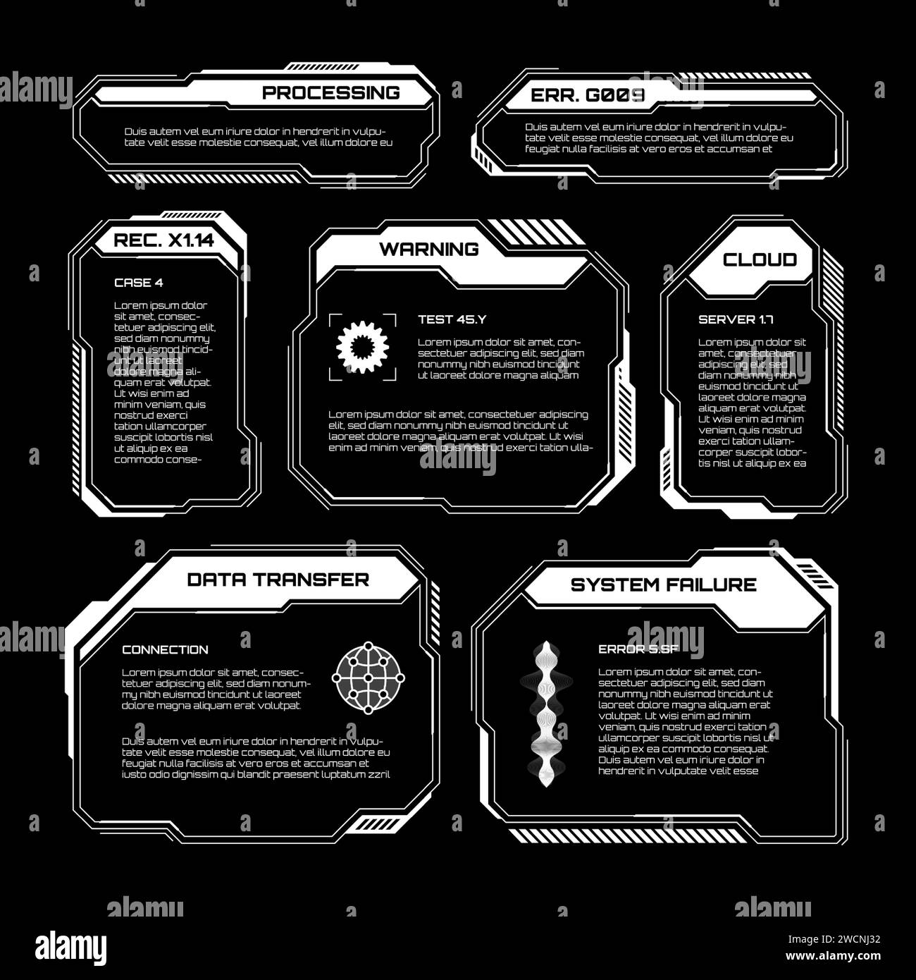 HUD futuriste blanc, éléments UI. Zones de texte et légendes de l'interface utilisateur SCI-fi. Cadres de message d'avertissement, modèle de boîtes d'information. Jeu moderne Illustration de Vecteur