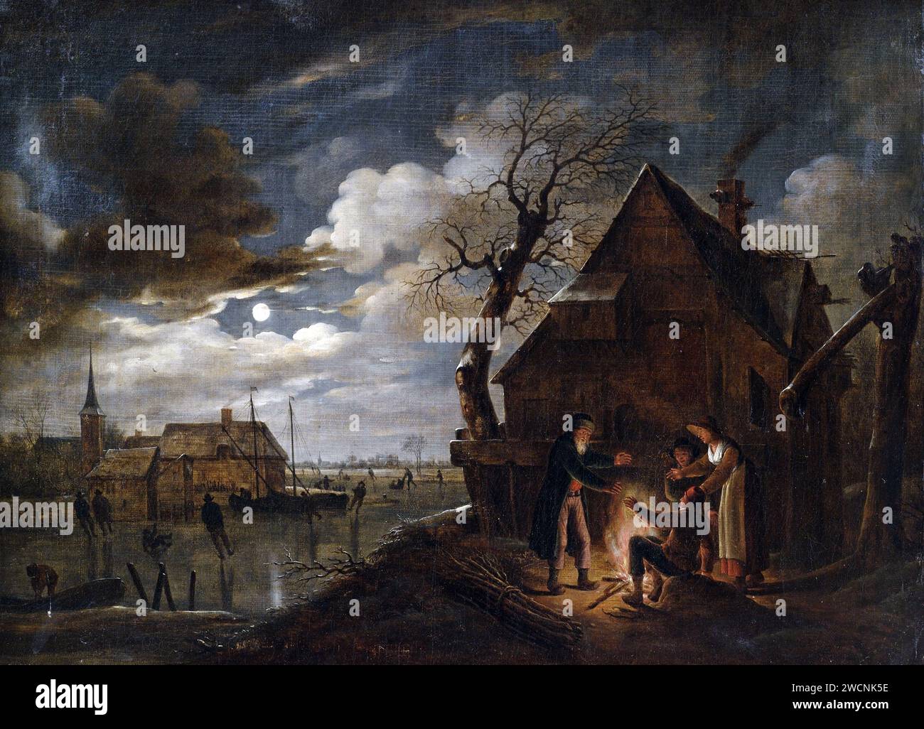 Paysage néerlandais au clair de lune avec des figures, peinture par Aert van der Neer Banque D'Images