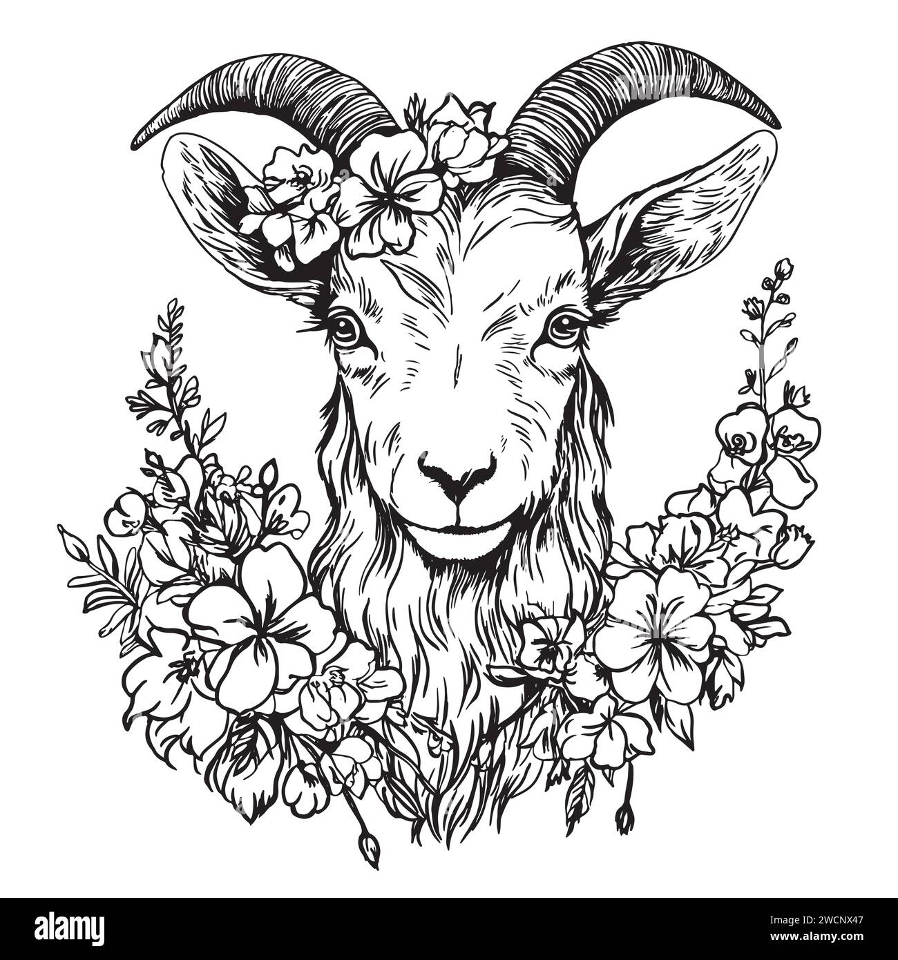 Bébé chèvre de dessin animé dans la couronne florale. Imprimé bébé animal mignon Illustration de Vecteur