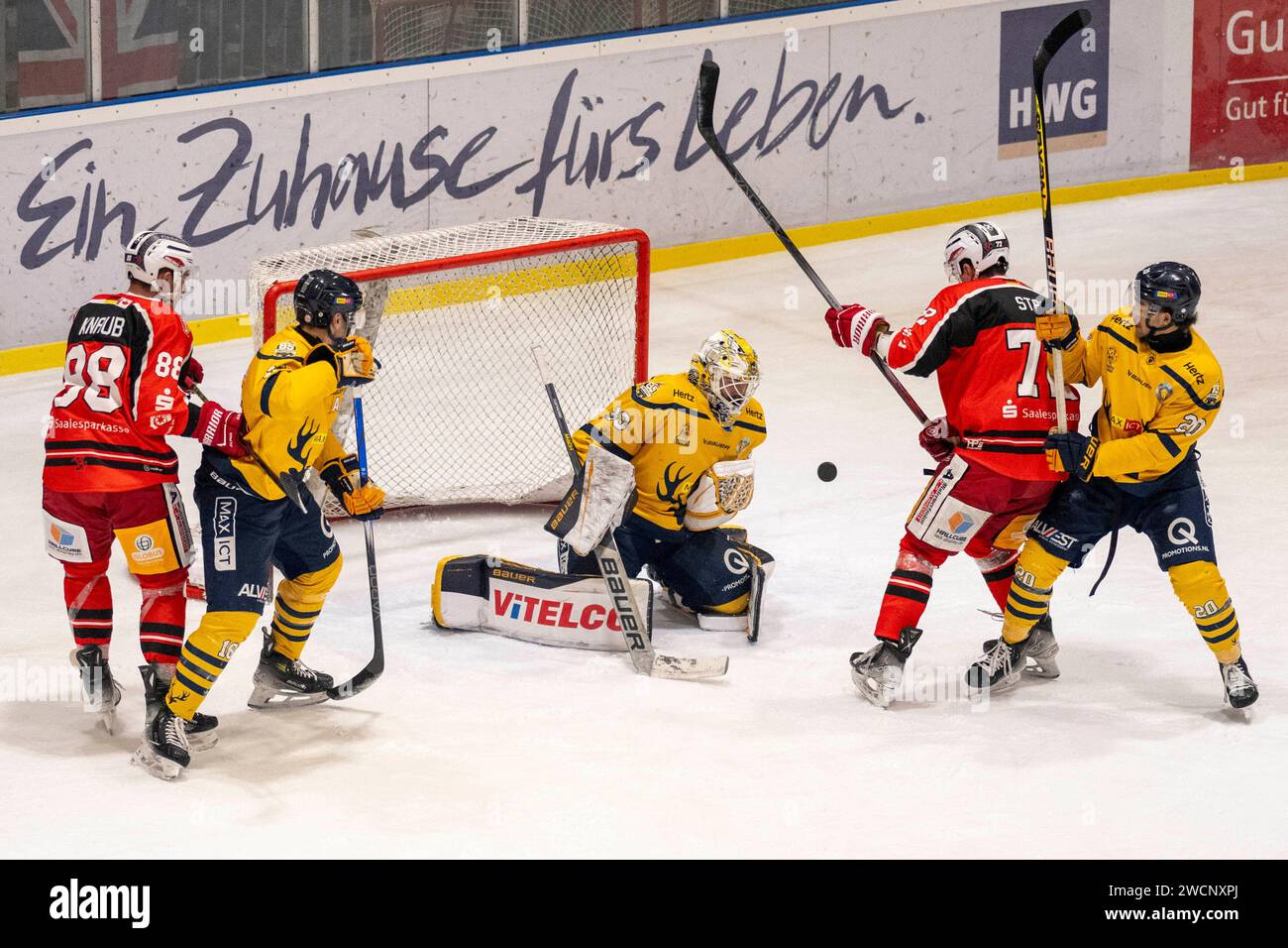 Halle, Deutschland. 16 janvier 2024. Halle, Deutschland 16. Janvier 2024 : Eishockey Oberliga Nord - 2023/2024 - 23. SP. - MEC Halle-Saale Bulls vs Tilburg Trappers vs li. im Zweikampf Victor Knaub (Halle), Kilian van Gorp (Tilburg), Torhueter Ruud Leeuwesteijn (Tilburg), Sergej Stas (Halle) et Noah Muller (Tilburg) crédit : dpa/Alamy Live News Banque D'Images