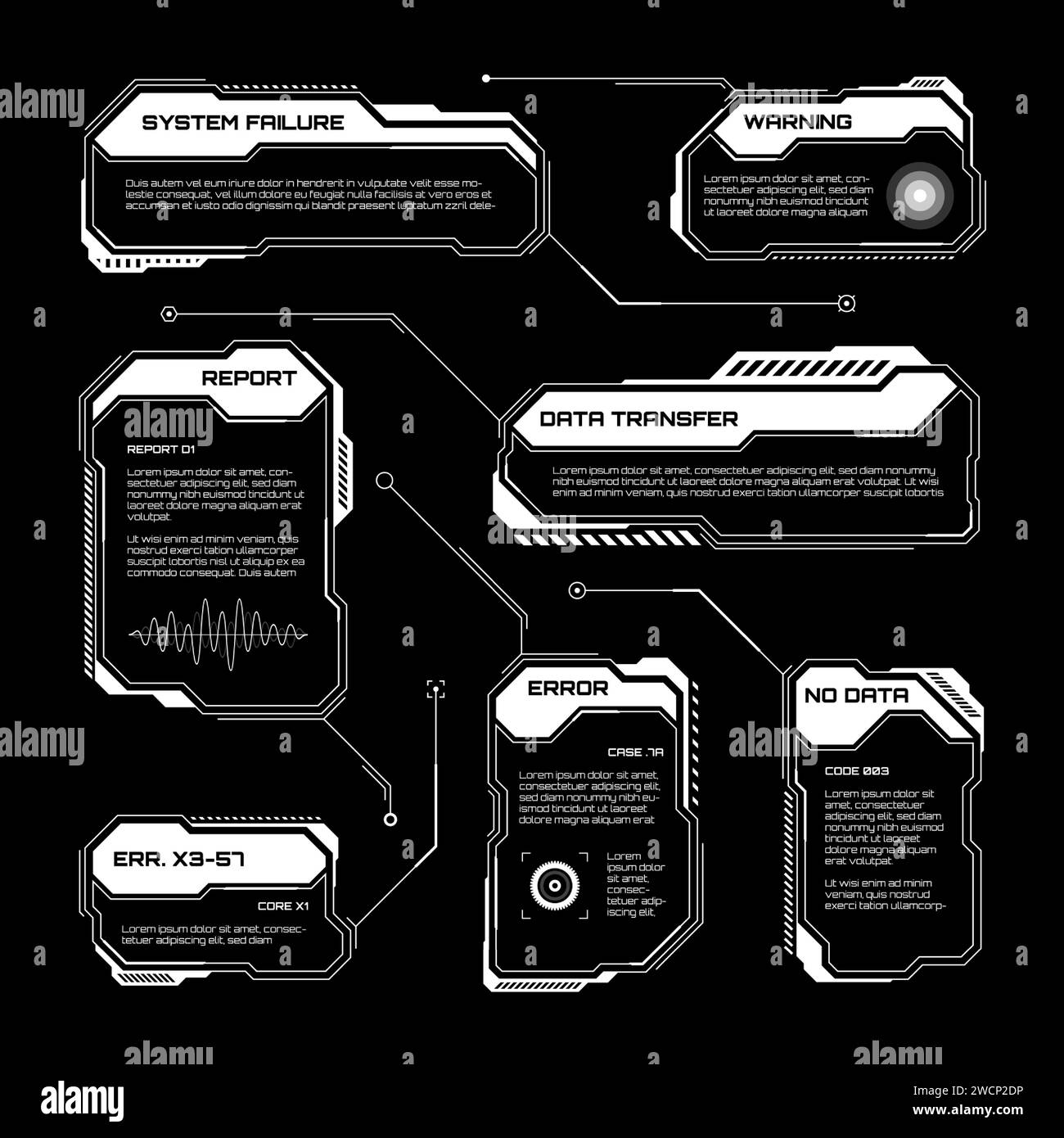 HUD futuriste blanc, éléments UI. Zones de texte et légendes de l'interface utilisateur SCI-fi. Cadres de message d'avertissement, modèle de boîtes d'information. Jeu moderne Illustration de Vecteur