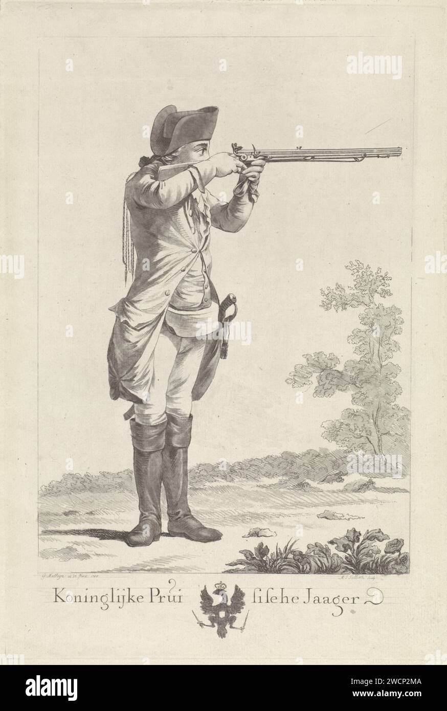 Chasseur royal prussien avec fusil, Mathias de Sallieth, d'après Gerrit Malleyn, 1764 - 1791 papier imprimé gravure armes à feu : fusil (+ manipulation des armes). hunter Banque D'Images